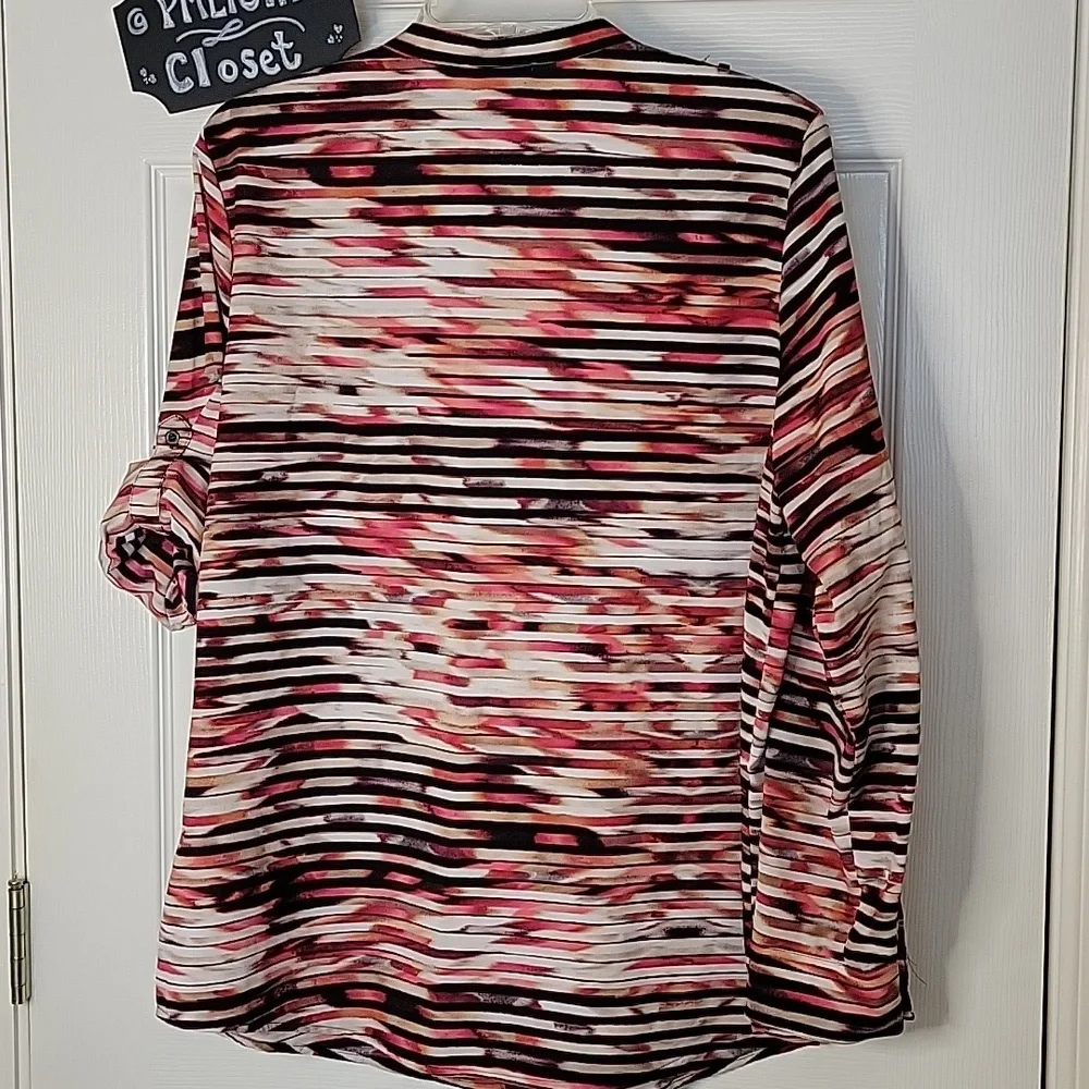 Calvin Klein Blouse Large Pink Purple Black White Tan Stripe Military